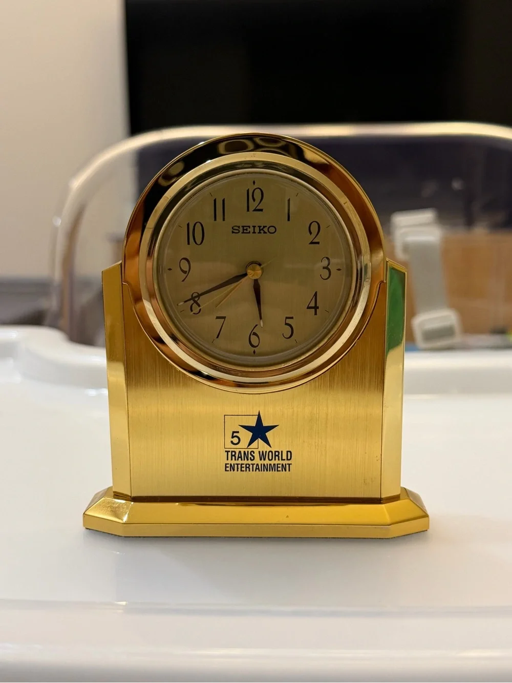 Vintage Seiko QHG202G Brass Desk Clock Trans World Entertainment 5 Yr Service